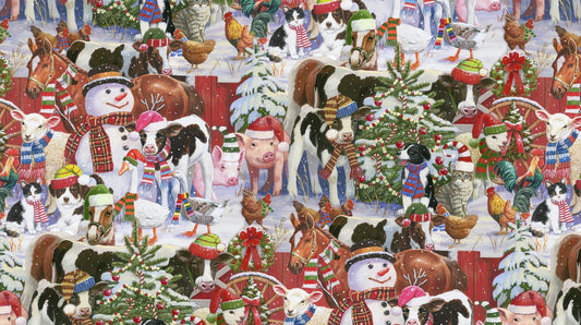 Christmas Barnyard Animals Snowman Allover David Textiles Cotton Fabric DT-ML-4575-1