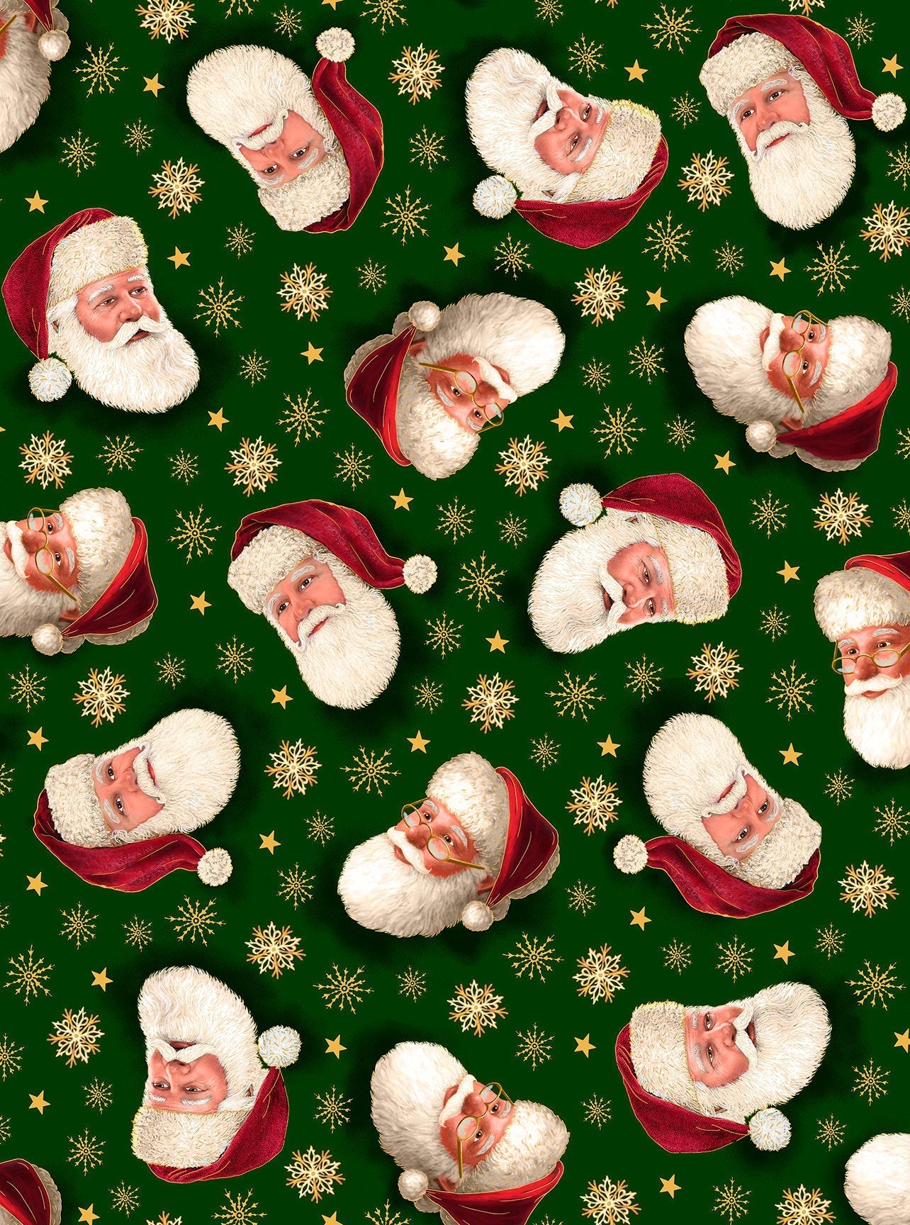 Christmas Eve Santa Head Toss Forest Green Quilting Treasures Cotton Fabric