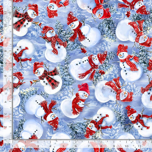 Christmas Eve Tossed Happy Snowman Blue Dona Gelsinger Timeless Treasures Cotton Fabric TT-DONA-CD3372-BLUE