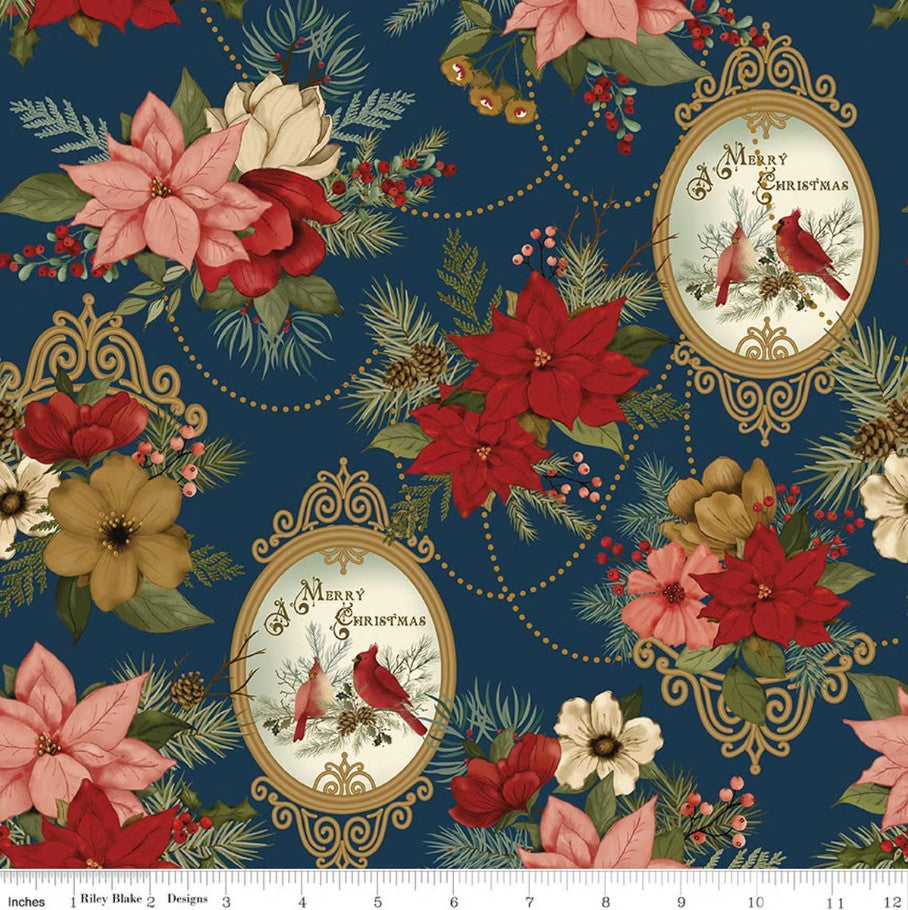 Christmas Greetings Main Navy Sandy Gervais Riley Blake Designs Cotton Fabric RB-CD17660-NAVY