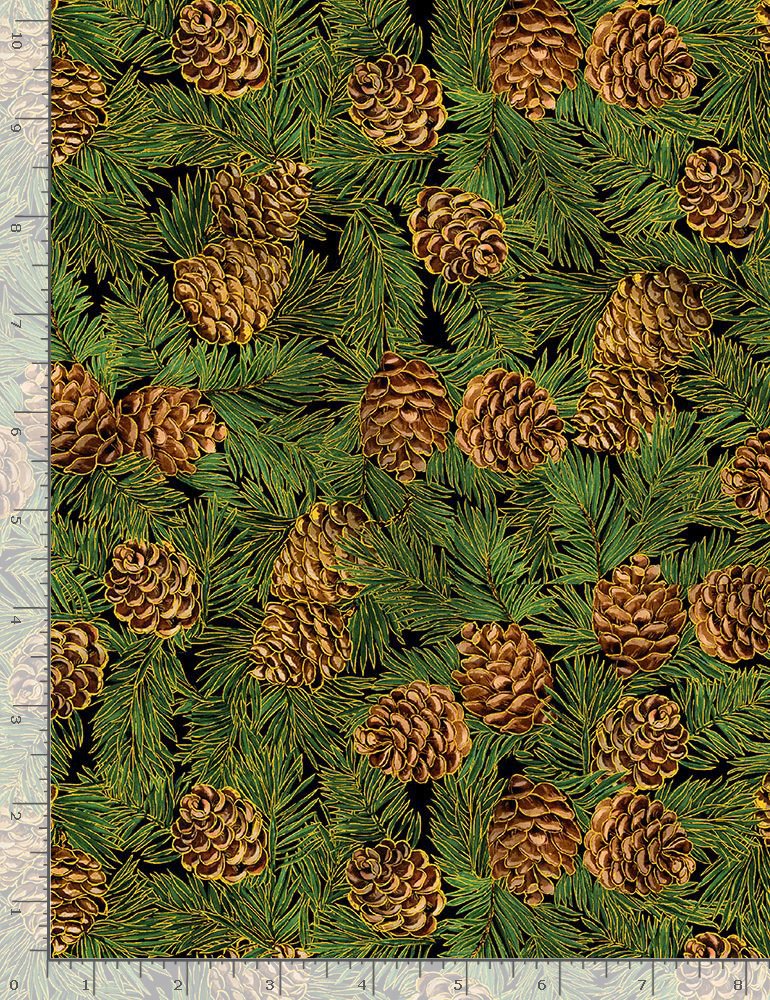 Christmas Joy Holiday Pinecones and Pine Needles Metallic Green Timeless Treasures Cotton Fabric TT-CM1281 Green