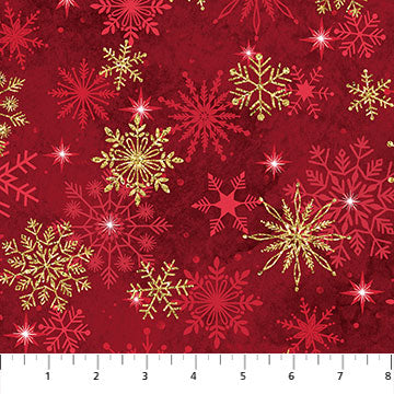 Christmas Joy Metallic Gold Snowflakes Red Tonal Deborah Edwards Linda Ludovico Northcott Cotton Fabric