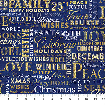 Christmas Joy Metallic Holiday Word Phrases Royal Blue Deborah Edwards Linda Ludovico Northcott Cotton Fabric