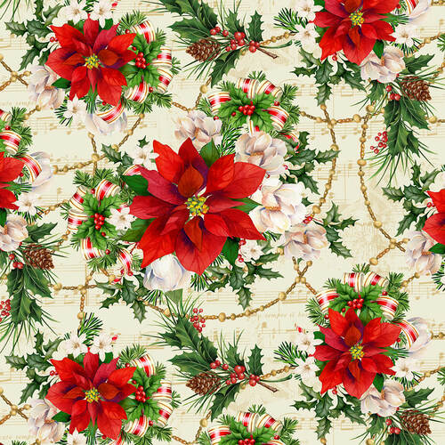 Christmas Legend Poinsettia Print cream Bruce Park Henry Glass Cotton Fabric