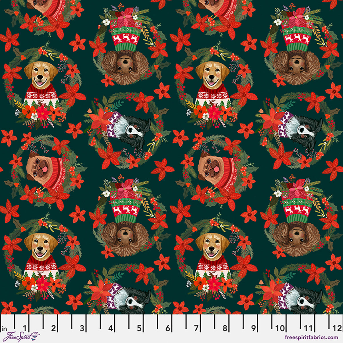 Christmas Pets Christmas Dogs Spruce Green Mia Charro Free Spirit Cotton Fabric FS-PWMC108.XSPRUCE