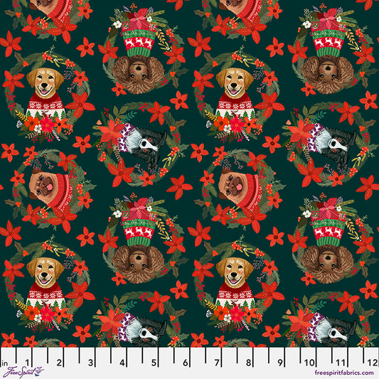 Christmas Pets Christmas Dogs Spruce Green Mia Charro Free Spirit Cotton Fabric FS-PWMC108.XSPRUCE