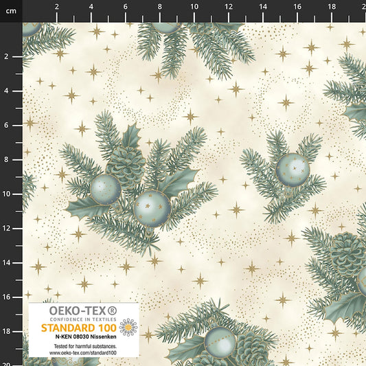 Christmas Time Metallic Holly Berry Sprigs Ornaments Cream Green Stof Cotton Fabric STOF-4593-016