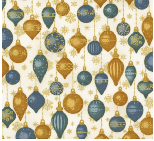Christmas Time Metallic Gold Snowflakes Ornaments Teal Cream Stof Cotton Fabric STOF-4593-017
