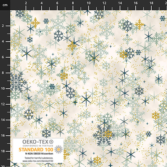 Christmas Time Metallic Snow Snowflakes Cream Green Blue Stof Cotton Fabric STOF-4593-018