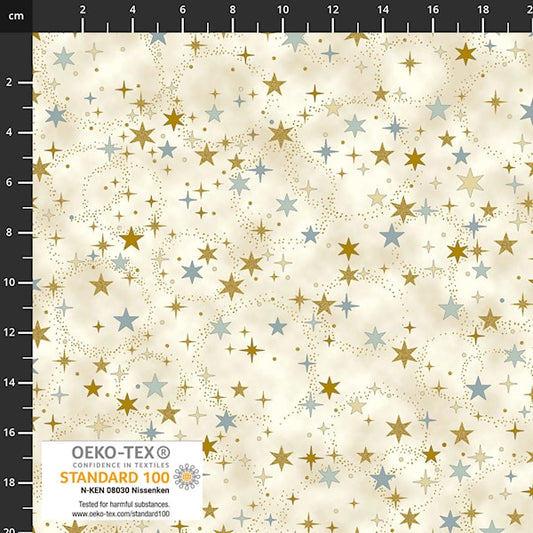 Christmas Time Metallic Stars Cream Green Blue Stof Cotton Fabric STOF-4593-020