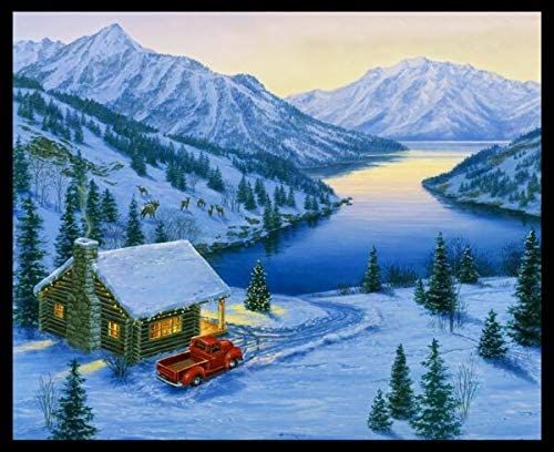 Christmas Wonderland Snowy Mountain Cabin Panel 36" Elizabeth's Studio Cotton Fabric