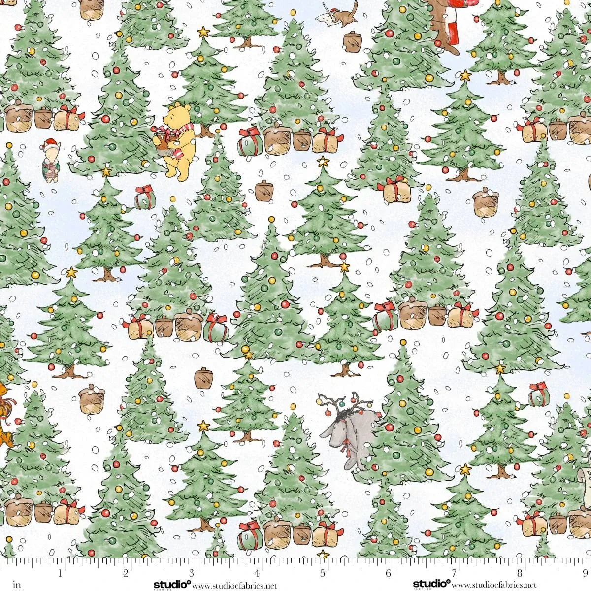 Christmas at Pooh Corner Christmas trees Winnie Snow White Green W.A. Dodge Studio E Cotton Fabric SE-9102-60