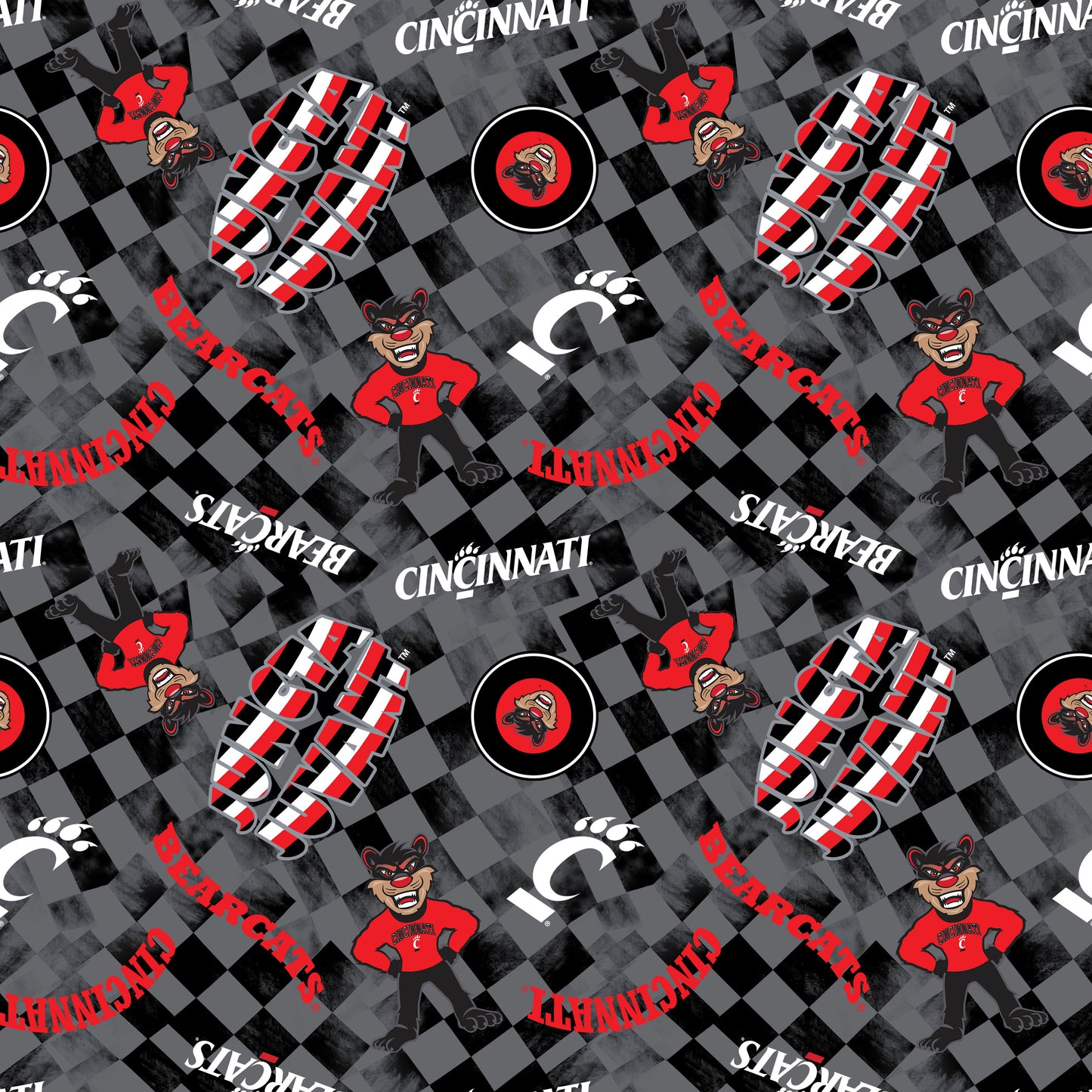 Cincinnati Bearcats NCAA College Checks Gray Sykel Enterprises Canvas Duck Cloth Cotton Fabric CIN-1380-GRAY