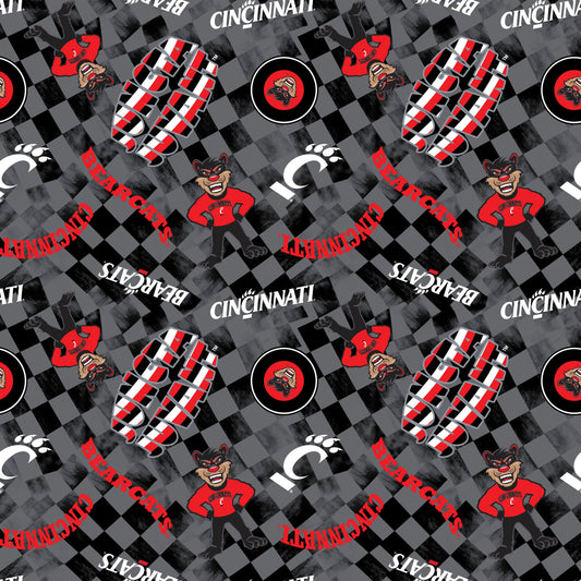 Cincinnati Bearcats NCAA College Checks Gray Sykel Enterprises Canvas Duck Cloth Cotton Fabric CIN-1380-GRAY