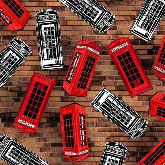 City of London Red Phone Box Tossed Brick Brown Michael Miller Cotton Fabric