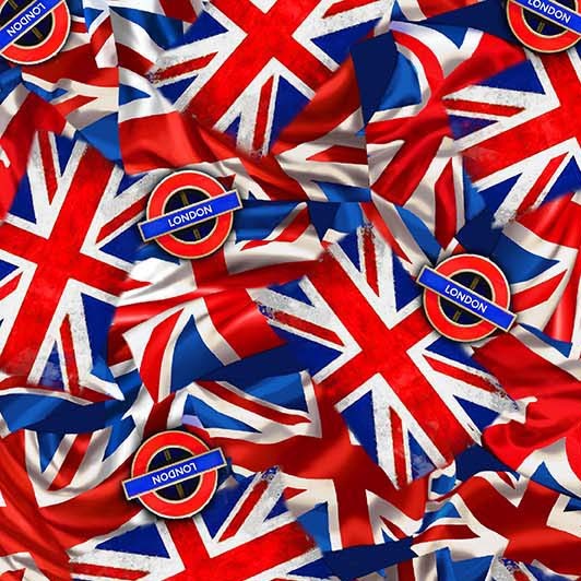 City of London Union Jack Packed Flags Royal Blue Michael Miller Cotton Fabric