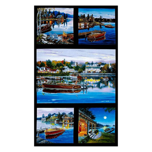 Classic Boats Lake Sea Panel 23" Elizabeth's Studio Cotton Fabric