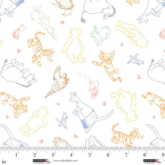 Classic Winnie Characters Winnie Tigger Eeyore Piglet Rabbit Owl White W.A. Dodge Studio E Cotton Fabric SE-8725-47