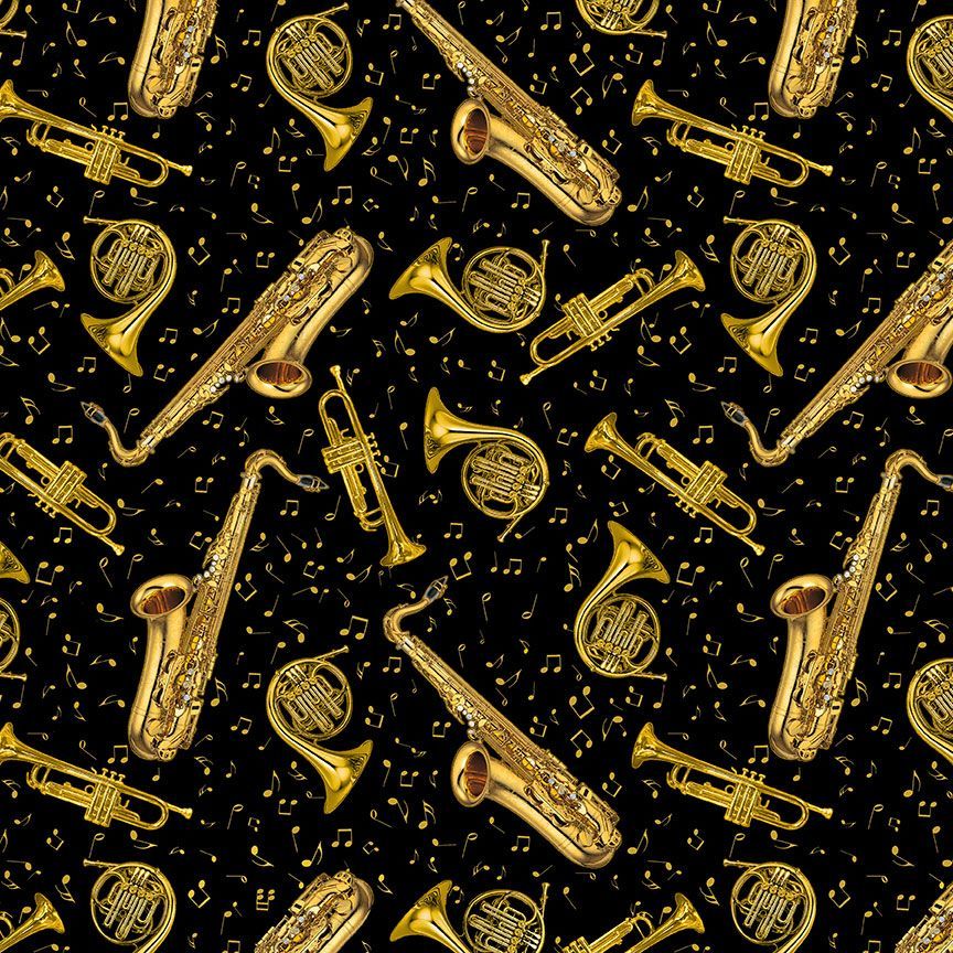 Classical Music Tossed Brass Instruments Black Metallic Timeless Treasures Cotton Fabric TT-MUSIC-CM3238-BLACK