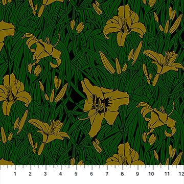 Clean Cut Fringe Lily Floral Gilded Dark Green Gold Yellow Anna Marie Textiles Northcott Cotton Fabric NC-AMT183-79L