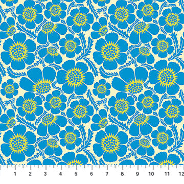 Clean Cut Prickly Poppies Floral Cerulean Blue Green Anna Marie Textiles Northcott Cotton Fabric NC-AMT185-62C