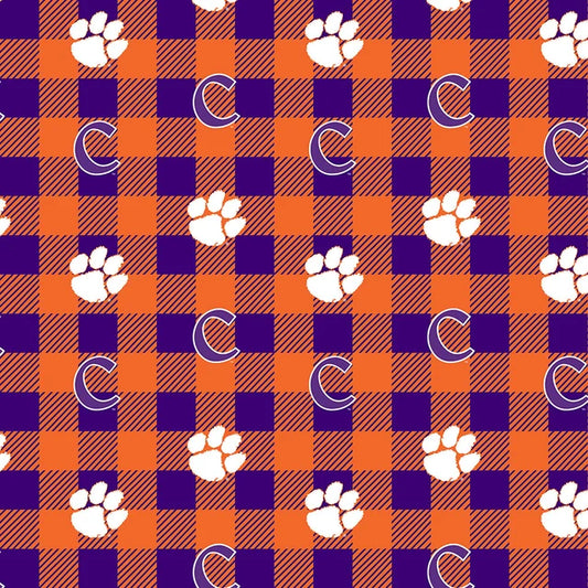 Clemson Tigers NCAA College Buffalo Plaid Sykel Enterprises Polyester FLEECE Fabric CLEM-1190