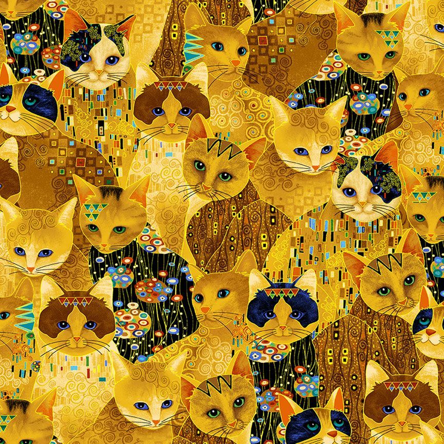 Cleo The Multiverse Golden Bejeweled Cats Gold Chong-A Hwang Timeless Treasures Cotton fabric