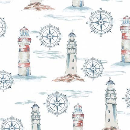 Coastal Living Beacons Lighthouses White Michael Miller Cotton Fabric