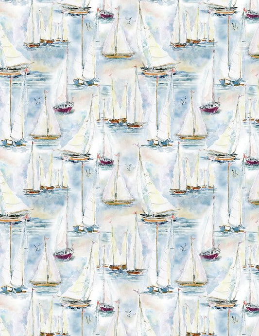 Coastal Sanctuary Boats Allover White Susan Winget Wilmington Prints Cotton Fabric