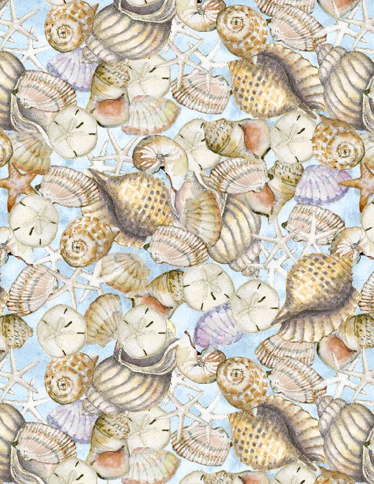 Coastal Sanctuary Packed Shells Blue Susan Winget Wilmington Prints Cotton Fabric