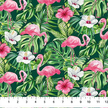 Coastal Breeze Flamingo Flowers Dk Green Multi Northcott Studio Cotton Fabric NC-DP28557-78
