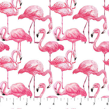 Coastal Breeze Flamingos White Multi Northcott Studio Cotton Fabric NC-DP28561-10