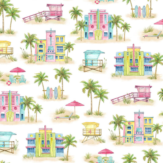 Coastal Breeze Miami Beach White Multi Northcott Cotton Fabric NC-DP28559-10