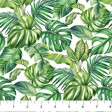 Coastal Breeze Tropical Leaves White Green Northcott Cotton Fabric NC-DP28563-10