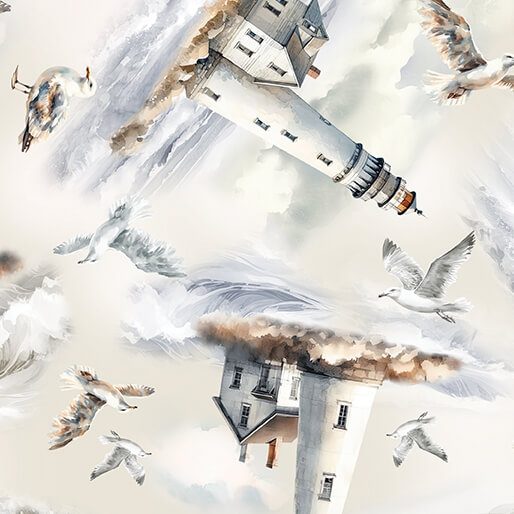 Coastal Escape Lighthouses Neutral Nicole Decamp Benartex Cotton Fabric BE-15028-70