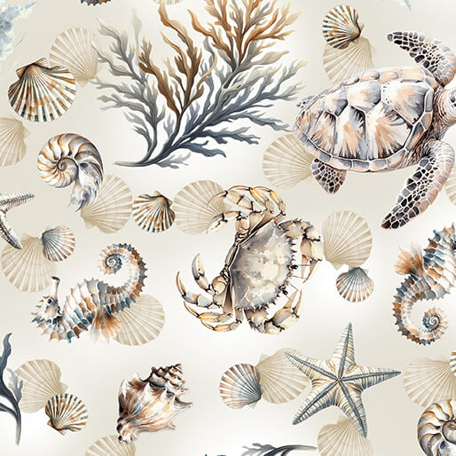 Coastal Escape Marine Life Neutral Nicole Decamp Benartex Cotton Fabric BE-15021-70