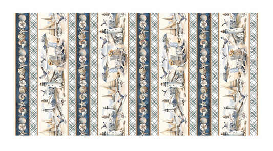 Coastal Escape Marine Stripe Neutral Nicole Decamp Benartex Cotton Fabric BE-15024-70