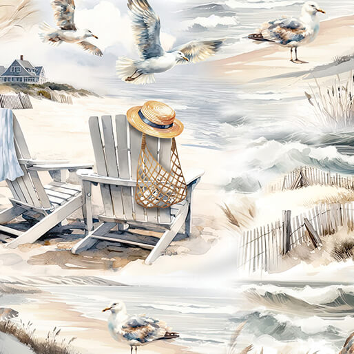 Coastal Escape Scenic Neutral Nicole Decamp Benartex Cotton Fabric BE-15029-70 | US Fabric Shop