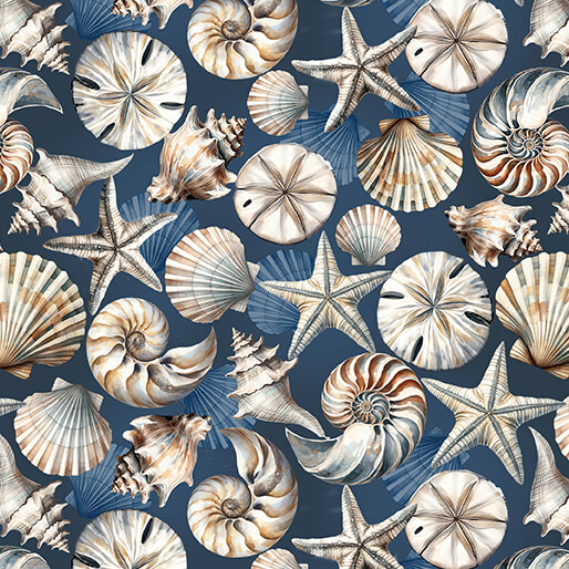 Coastal Escape Shells Dark Blue Nicole Decamp Benartex Cotton Fabric BE-15020-57