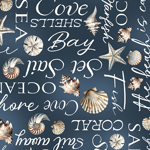 Coastal Escape Words Dark Blue Nicole Decamp Benartex Cotton Fabric BE-15022-57