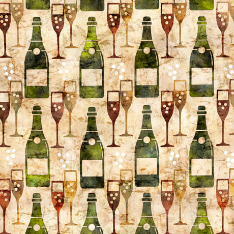 Cocktail Hour Champagne Bottle and Glass Beige Dan Morris Quilting Treasures Cotton Fabric