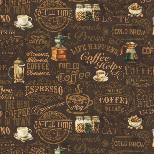 Coffee Time Text Motifs Brown Riley Blake Designs Cotton Quilting Fabric RB-C17132-BROWN