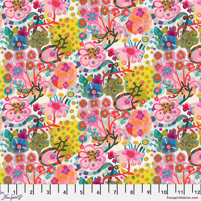 Colori Stems White Este Macleod Free Spirit Cotton Fabric FS-PWES045.WHITE