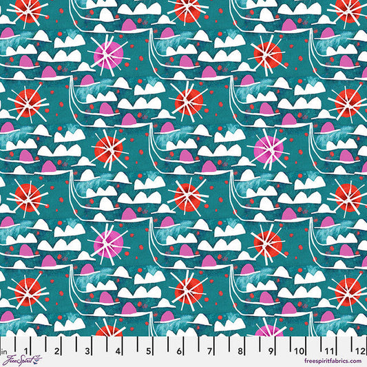 Colori Waves Teal Este Macleod Free Spirit Cotton Fabric FS-PWES044.TEAL