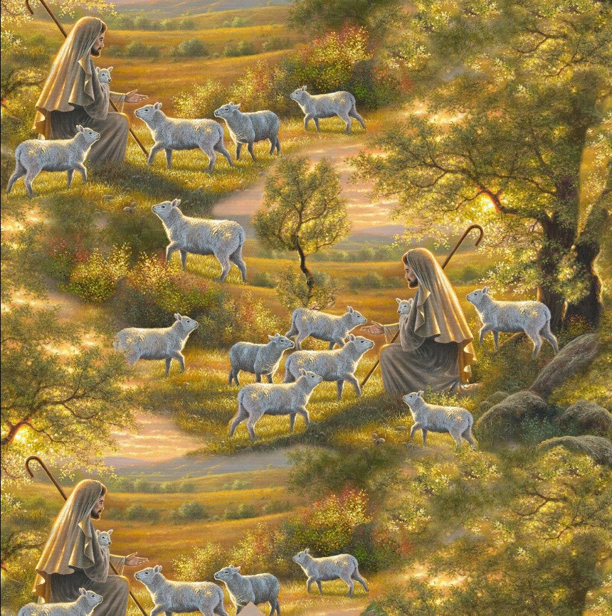 Come Unto Me Scenic Sheperd and Sheep Multi Elizabeth's Studio Cotton Fabric