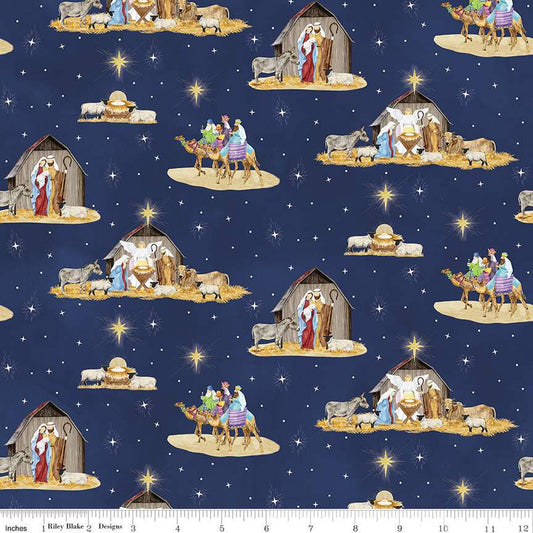 Come Let Us Adore Him Main Navy Tara Reed Riley Blake Designs Cotton Fabric RB-C16310-NAVY