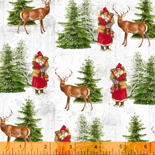 Comfort & Joy Old World Santa and Reindeer White Katie Pertiet Windham Fabrics Cotton Fabric