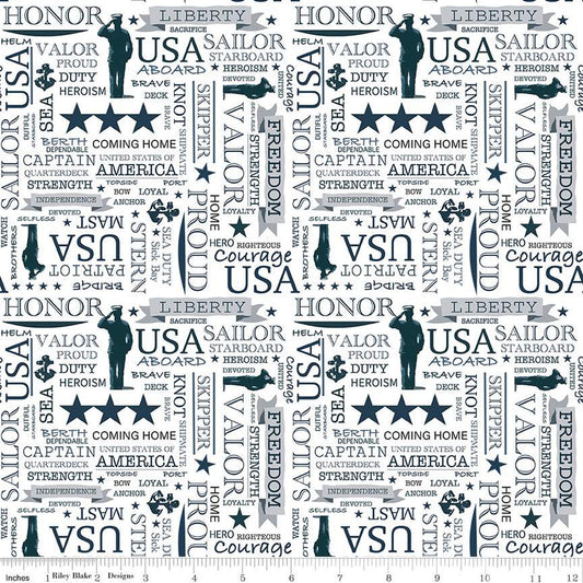 Coming Home Navy Text White Vicki Gifford Riley Blake Cotton Fabric