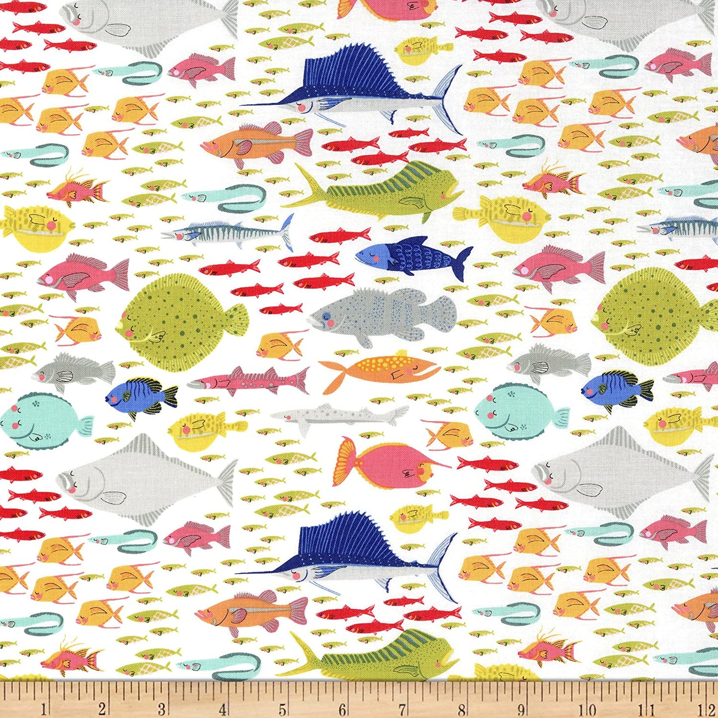 Commotion the Ocean Sea Fish White Blank Quilting Cotton Fabric