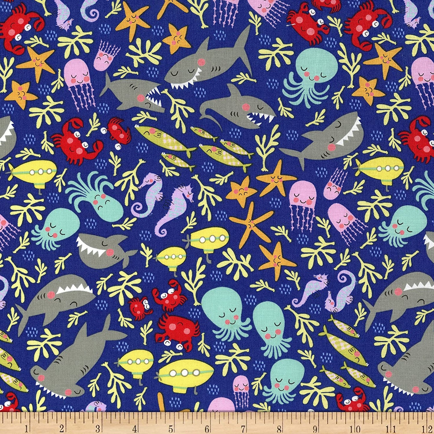 Commotion the Ocean Sea Life Octopus Shark Crab Navy Blank Quilting Cotton Fabric